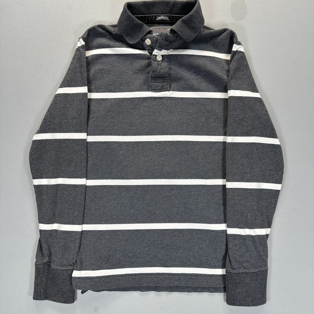 Duck Head Jeans Co Mens M Rugby Polo Shirt Long Sleeve Striped Gray White Cotton